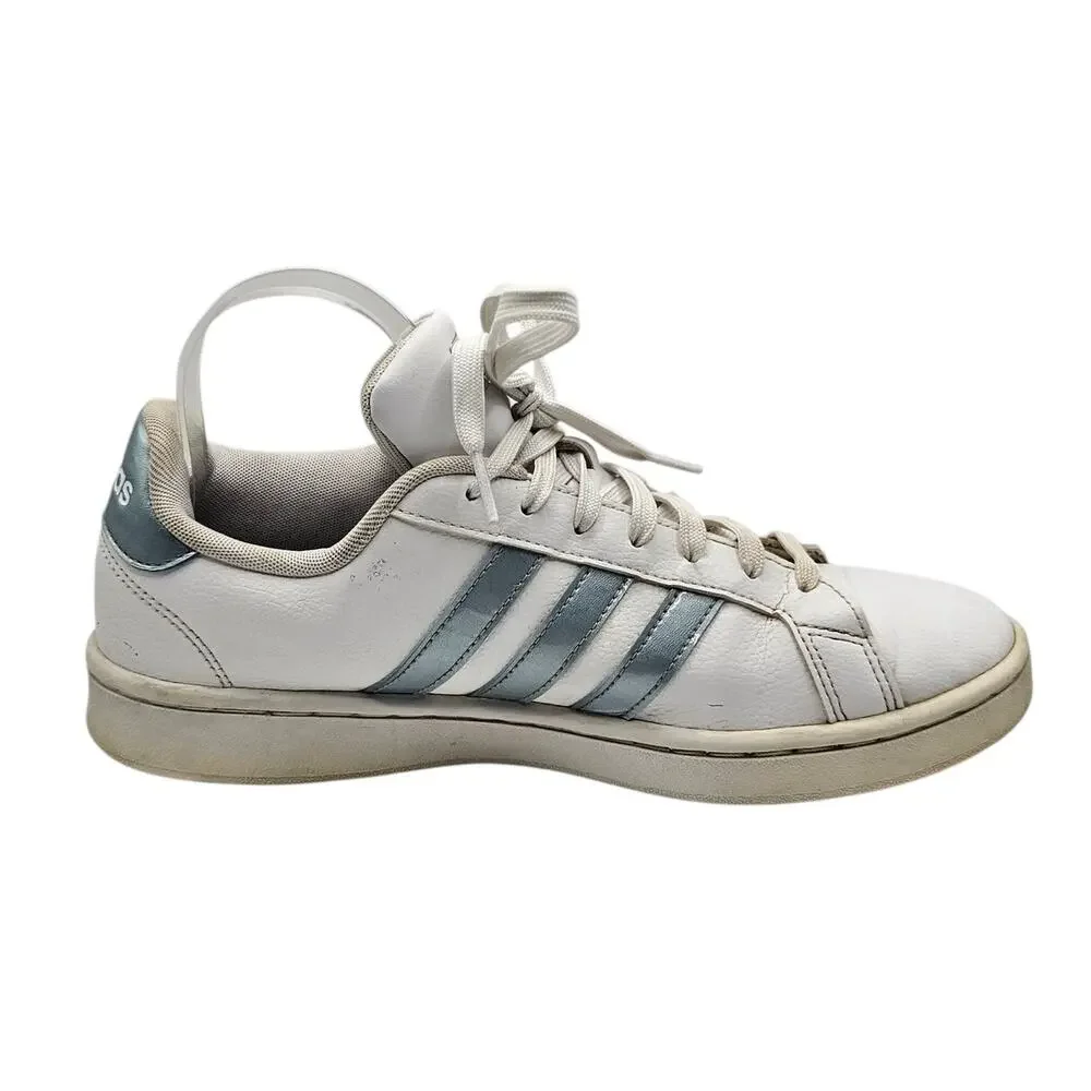 Adidas White & Metallic Blue Grand Court Low Top Casual Sneaker